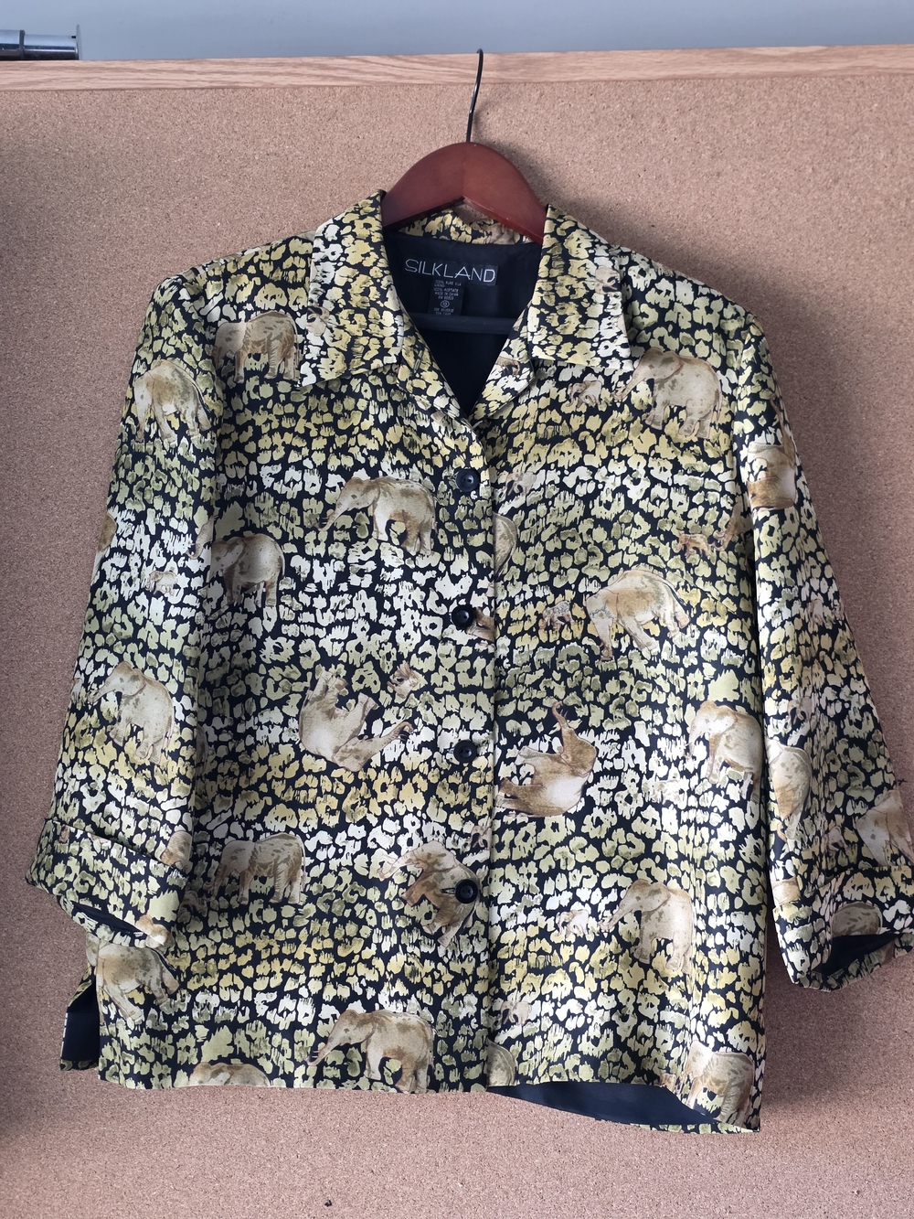 Silkland 100% Pure Silk Elephant Print Jacket Black Gold Brocade Trim Lined 10
